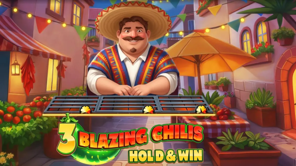 3 Blazing Chilis: Hold & Win slot game interface na may mga makukulay na chili symbols at Mexican theme.