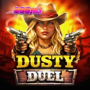 Ang Dusty Duel slot machine na may temang Wild West at cascading reels.