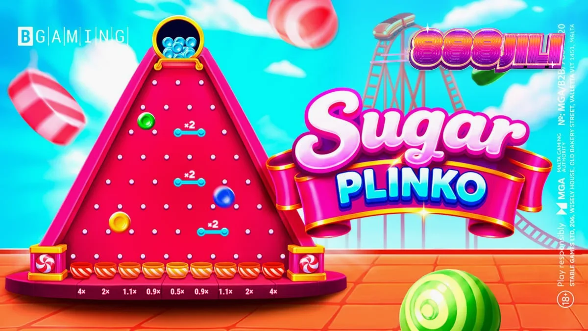 Makulay na interface ng Sugar Plinko slot na may mga kendi at pachinko board.